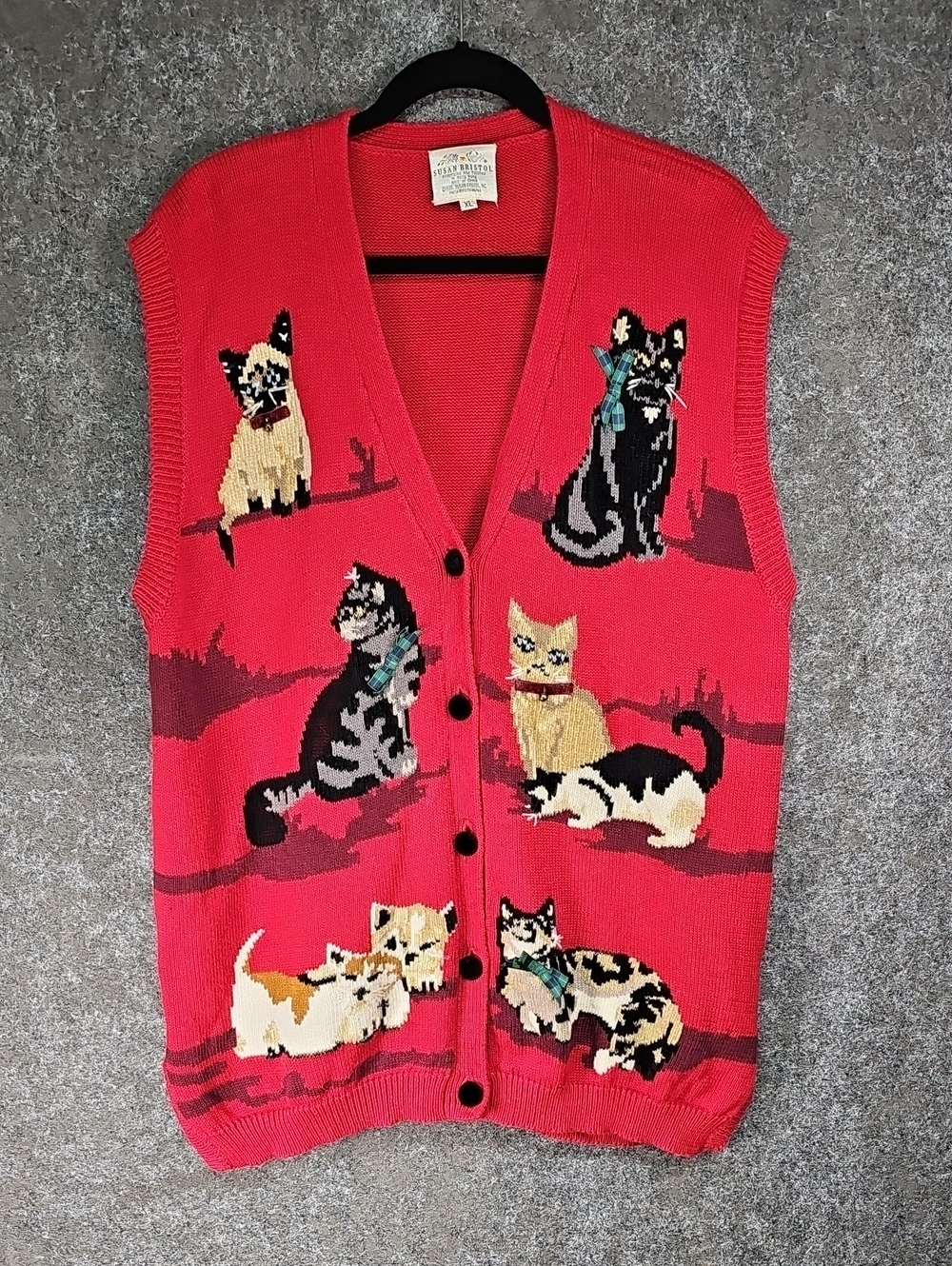 90s Susan Bristol Hand Embroidered & Knit Cat Sweater Vest, Red, Cotton Blend XL